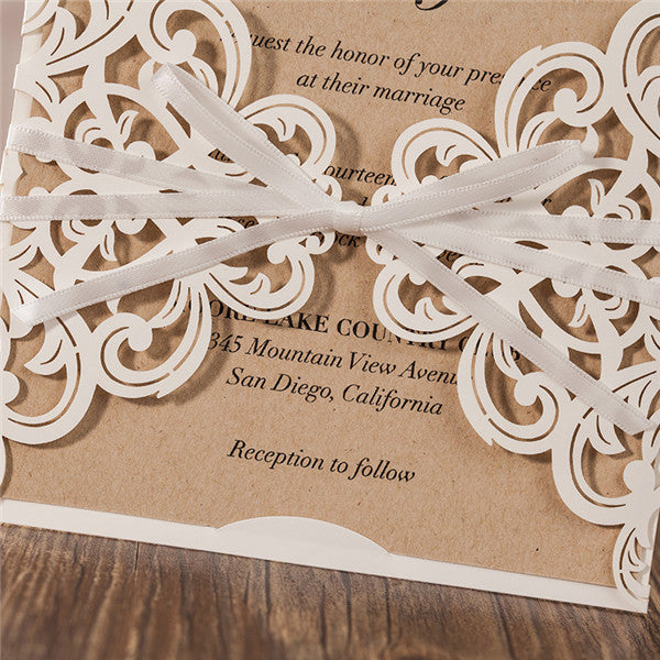 Simple white lace laser cut wedding invitations with satin ribbons LC026_4