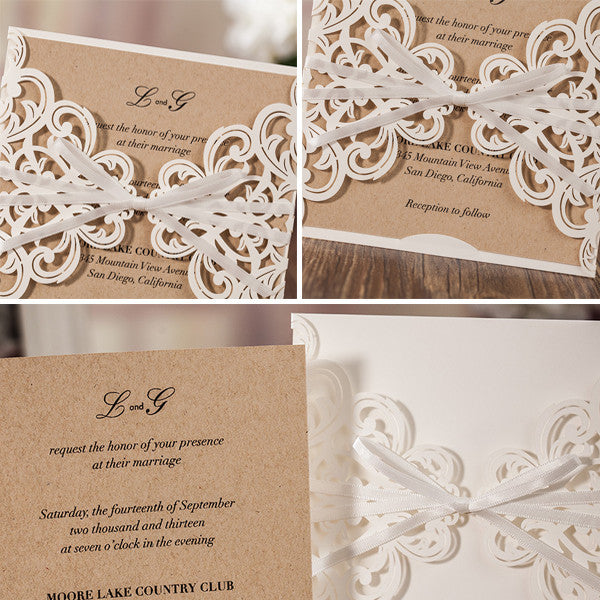 Simple white lace laser cut wedding invitations with satin ribbons LC026_5
