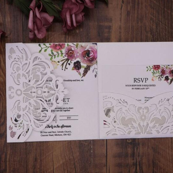 Square Flowers Tri-fold Laser Cutting Wedding Invitation Cards