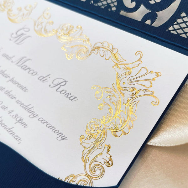 Stunning Navy Blue intricate Laser Cut Wedding Invitations Pocketfold Invitations (2)