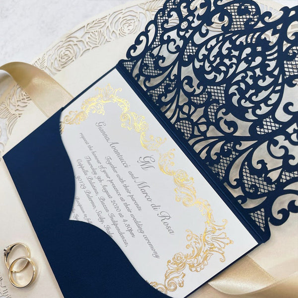 Stunning Navy Blue intricate Laser Cut Wedding Invitations Pocketfold Invitations (3)