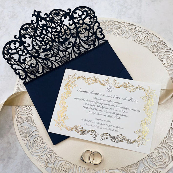 Stunning Navy Blue intricate Laser Cut Wedding Invitations Pocketfold Invitations (5)