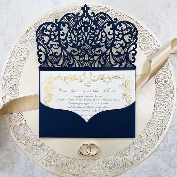 Stunning Navy Blue intricate Laser Cut Wedding Invitations Pocketfold Invitations