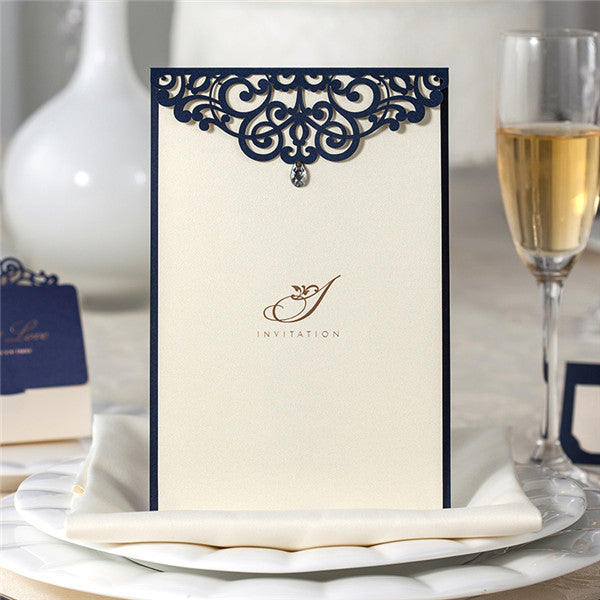 Stylish and chic navy blue laser cut wedding invitations with gem detail LC081 (1)
