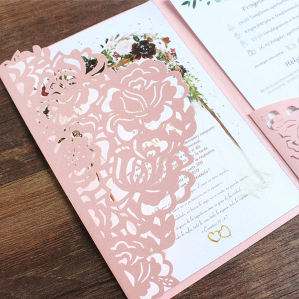 Summer Pink Laser Cut Wedding Invitation with Floral Designs (1)