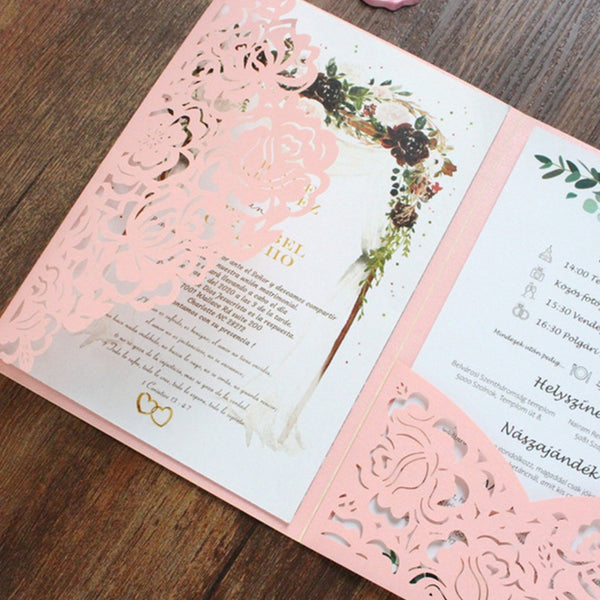 Summer Pink Laser Cut Wedding Invitation with Floral Designs (2)