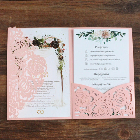 Summer Pink Laser Cut Wedding Invitation with Floral Designs