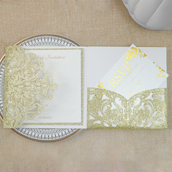 Timeless Gold Glittery Laser Cut Wedding Invitations with Pocket Lcz027 (1)