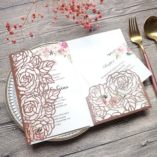 Timeless Rose Gold Glittery Laser Cut Wedding Invitations with Floral Design Lcz079 (1)