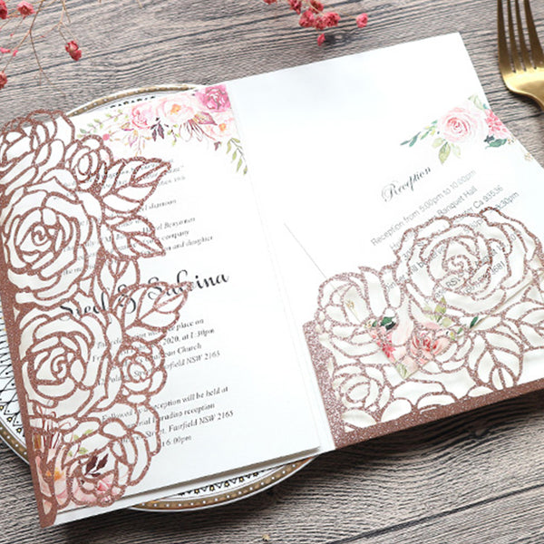 Timeless Rose Gold Glittery Laser Cut Wedding Invitations with Floral Design Lcz079 (3)