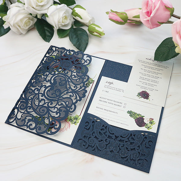 Traditional Navy Shimmer Laser Cut Wedding Invitations with Refreshing Greenery Inner Design Lcz086 (1)