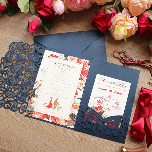 Traditional Navy Shimmer Laser Cut Wedding Invitations with Refreshing Greenery Inner Design Lcz086 (2)