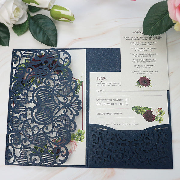 Traditional Navy Shimmer Laser Cut Wedding Invitations with Refreshing Greenery Inner Design Lcz086 (3)