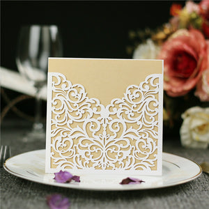 Traditional white laser cut pocket wedding invitations with gold inner cards LC051_1