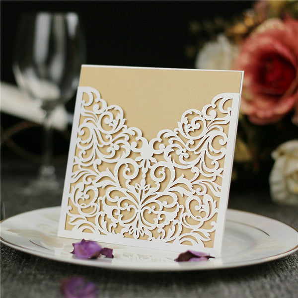 Traditional white laser cut pocket wedding invitations with gold inner cards LC051_2