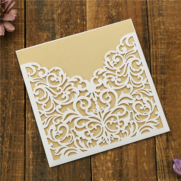 Traditional white laser cut pocket wedding invitations with gold inner cards LC051_3