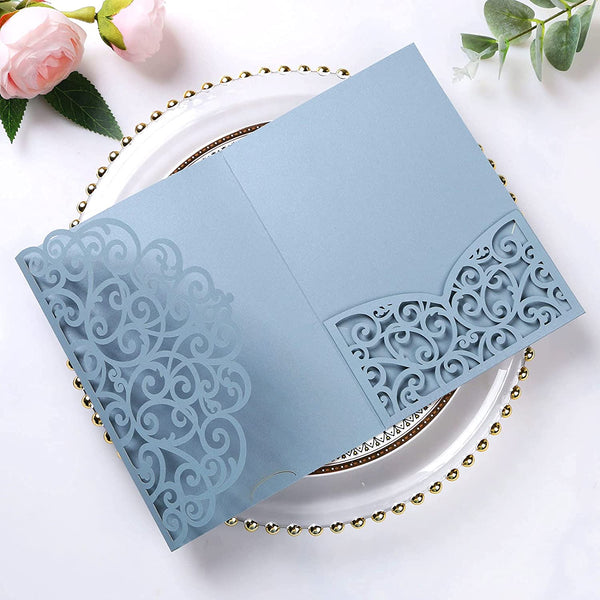 Tri Fold Elegant Dusty Blue Laser Cut Wedding Invitations (2)