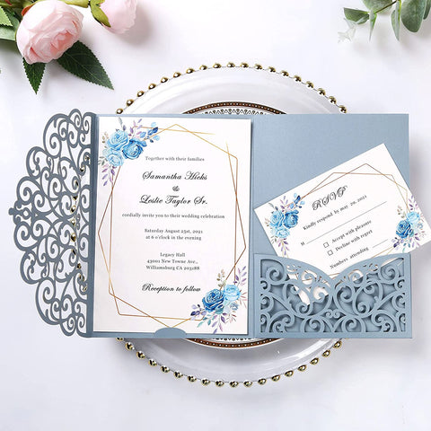 Tri Fold Elegant Dusty Blue Laser Cut Wedding Invitations