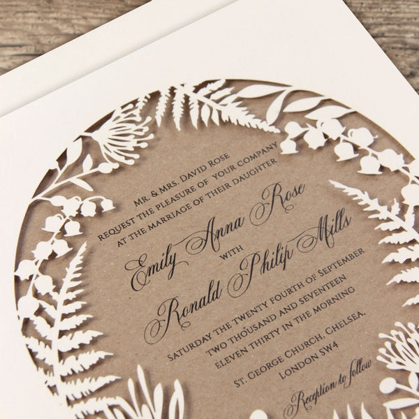 Unique White Botanical Foliage Laser Cut Wreath Pocket Wedding Invitation (2)
