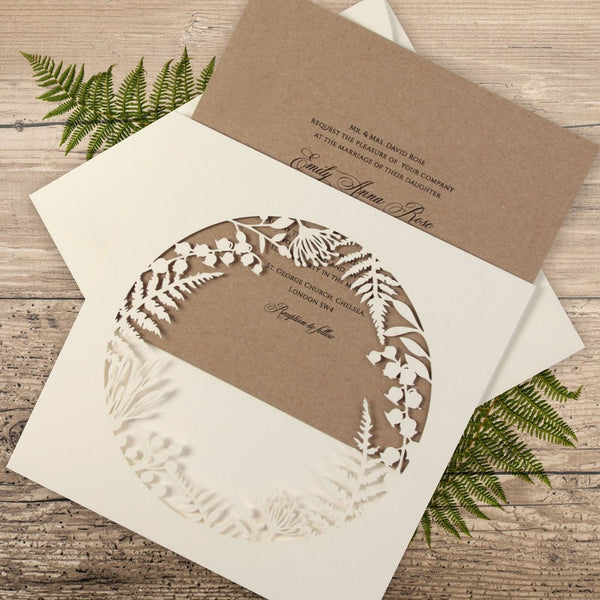 Unique White Botanical Foliage Laser Cut Wreath Pocket Wedding Invitation (3)