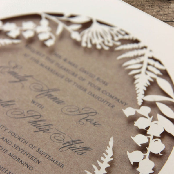 Unique White Botanical Foliage Laser Cut Wreath Pocket Wedding Invitation (4)