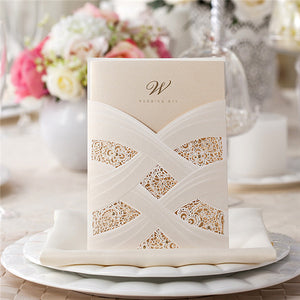 Unique ivory and gold laser cut pocket wedding invitations LC005_1
