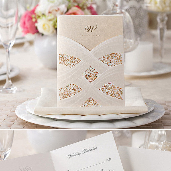 Unique ivory and gold laser cut pocket wedding invitations LC005_2