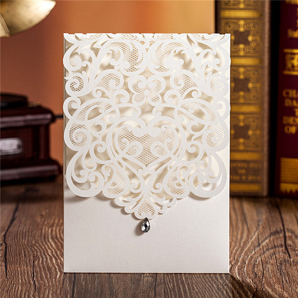 Uniuqe modern white laser cut pocket wedding invitations with rhinestone LC012_1