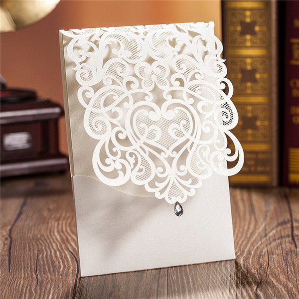 Uniuqe modern white laser cut pocket wedding invitations with rhinestone LC012_2