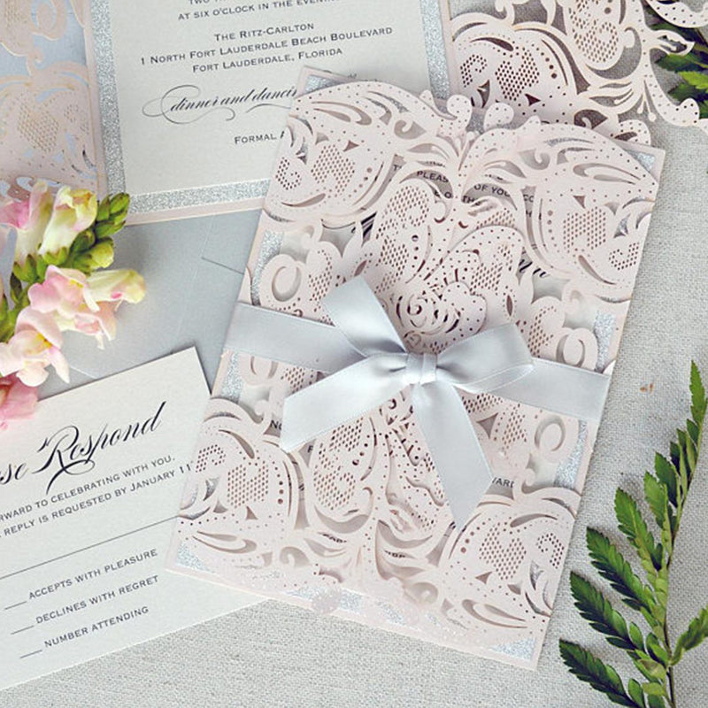 Versatile Pink Laser Cut wedding Invitations with White Ribbon and Sil –  Amazepaperie