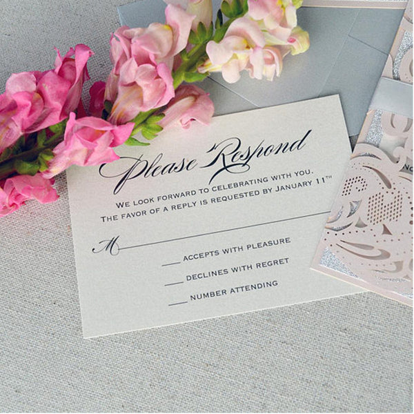 Versatile Pink Laser Cut wedding Invitations with White Ribbon and Silver Backer Lcz031 (2)