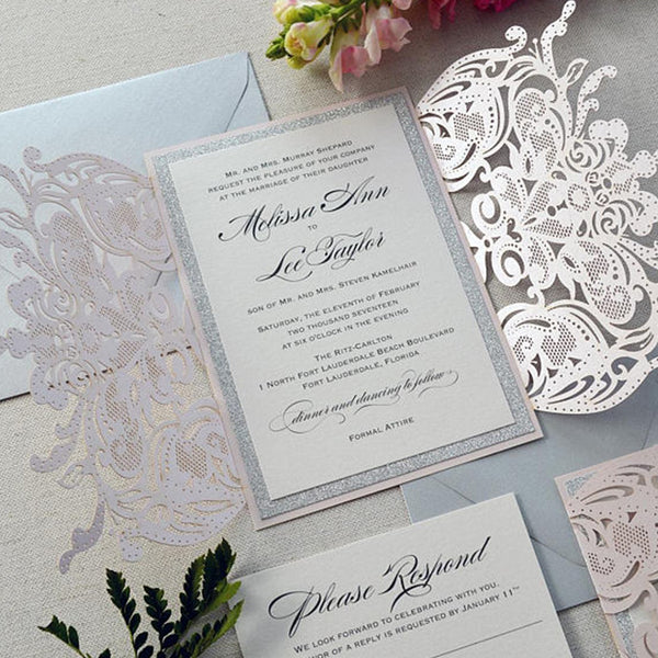 Versatile Pink Laser Cut wedding Invitations with White Ribbon and Silver Backer Lcz031 (3)