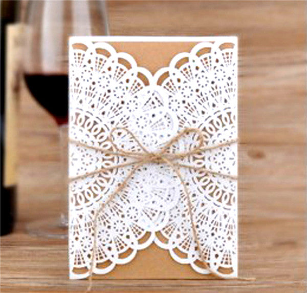 Vintage and classic white laser cut wedding invitations with suede ribbon LC059_1
