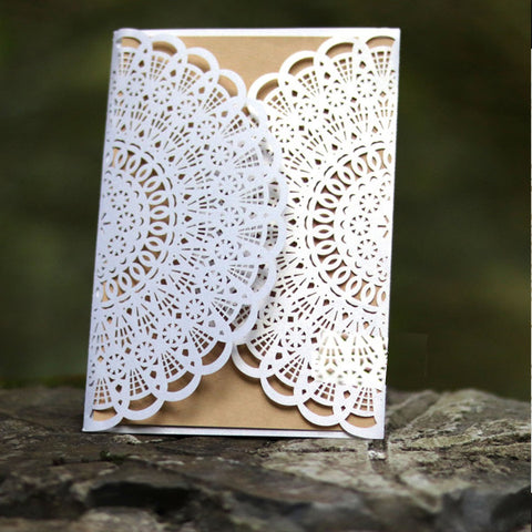 Vintage and classic white laser cut wedding invitations with suede ribbon LC059_2