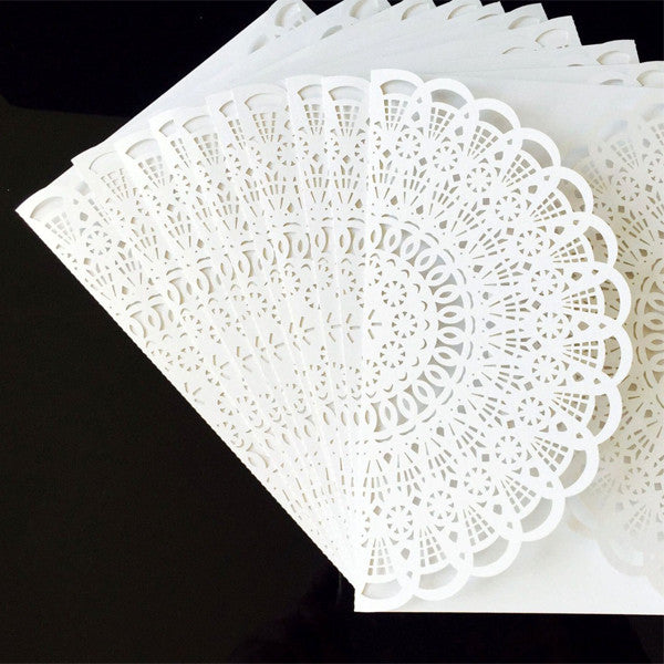 Vintage and classic white laser cut wedding invitations with suede ribbon LC059_3
