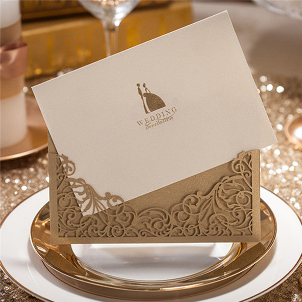 Vintage and simple gold laser cut pocket wedding invitations LC007_1