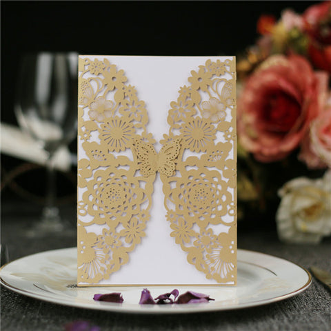 Vintage gold laser cut wedding invitations with butterflies LC046_1