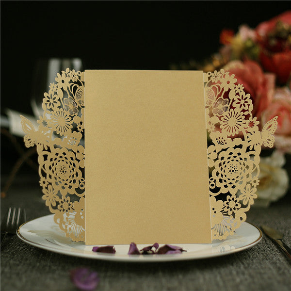 Vintage gold laser cut wedding invitations with butterflies LC046_3
