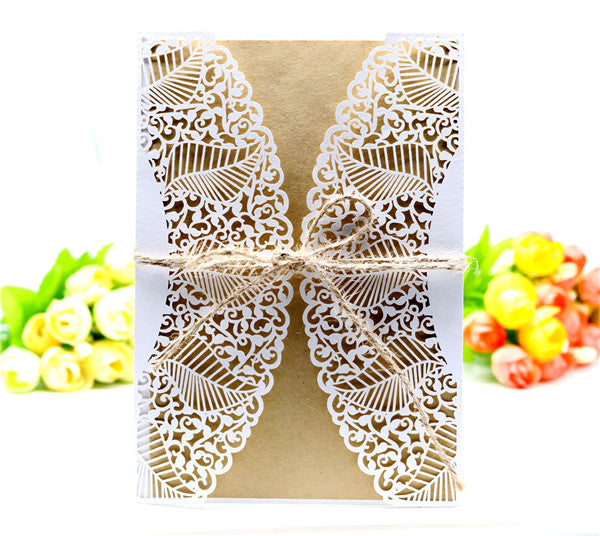 Vintage white lace laser cut wedding invitations with leaves pattern LC056_1