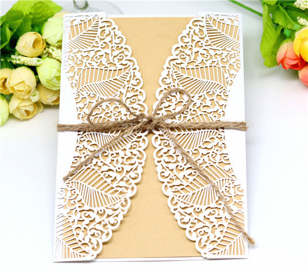 Vintage white lace laser cut wedding invitations with leaves pattern LC056_2