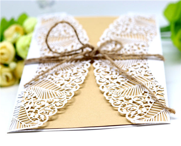 Vintage white lace laser cut wedding invitations with leaves pattern LC056_3
