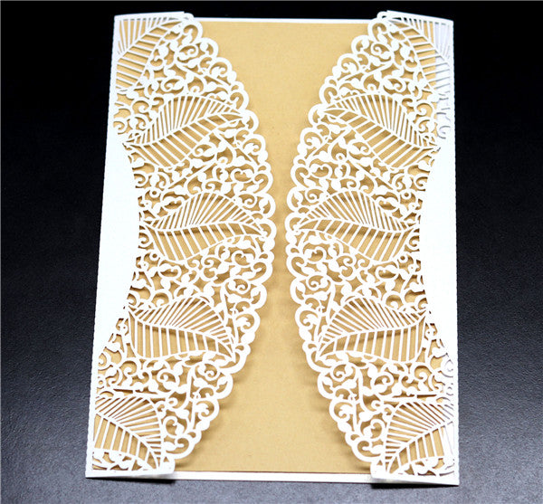Vintage white lace laser cut wedding invitations with leaves pattern LC056_4