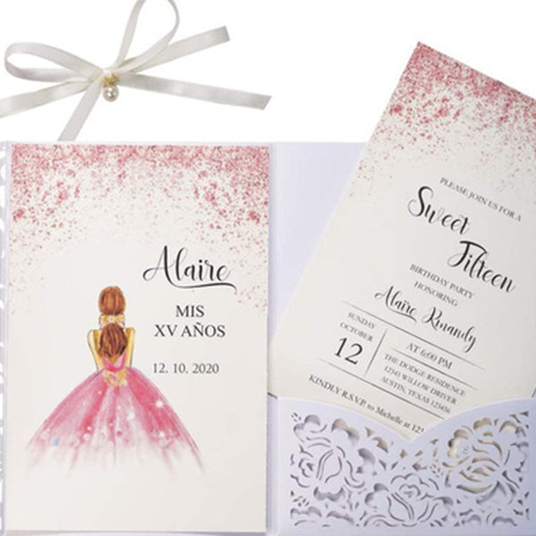 White Laser Cut Hollow Rose Invitations with Ribbons (1)