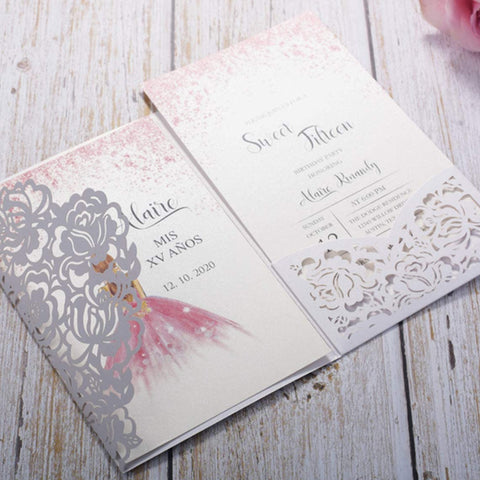 White Laser Cut Hollow Rose Invitations with Ribbons (2)