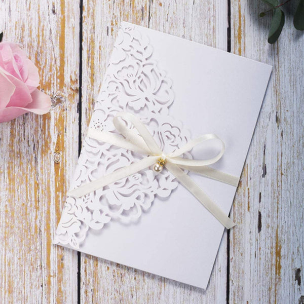 White Laser Cut Hollow Rose Invitations with Ribbons