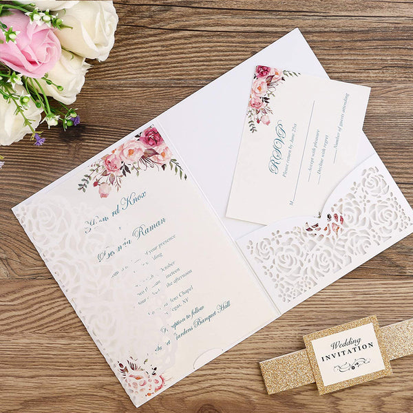 White Laser Cut Wedding Invitations Cards with Envelopes Ribbons (1)
