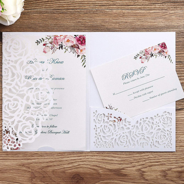 White Laser Cut Wedding Invitations Cards with Envelopes Ribbons (2)