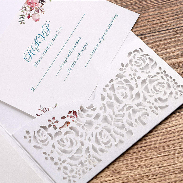 White Laser Cut Wedding Invitations Cards with Envelopes Ribbons (3)