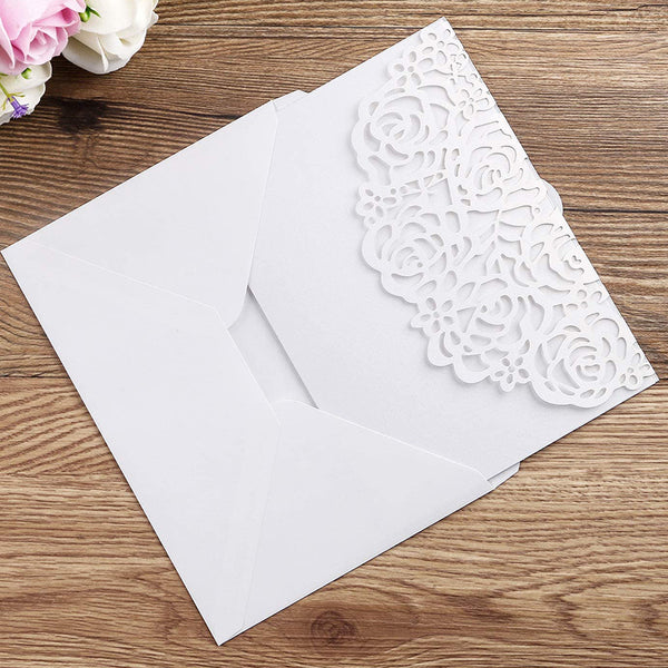 White Laser Cut Wedding Invitations Cards with Envelopes Ribbons (5)