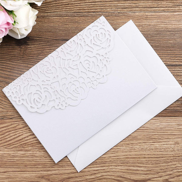 White Laser Cut Wedding Invitations Cards with Envelopes Ribbons (6)